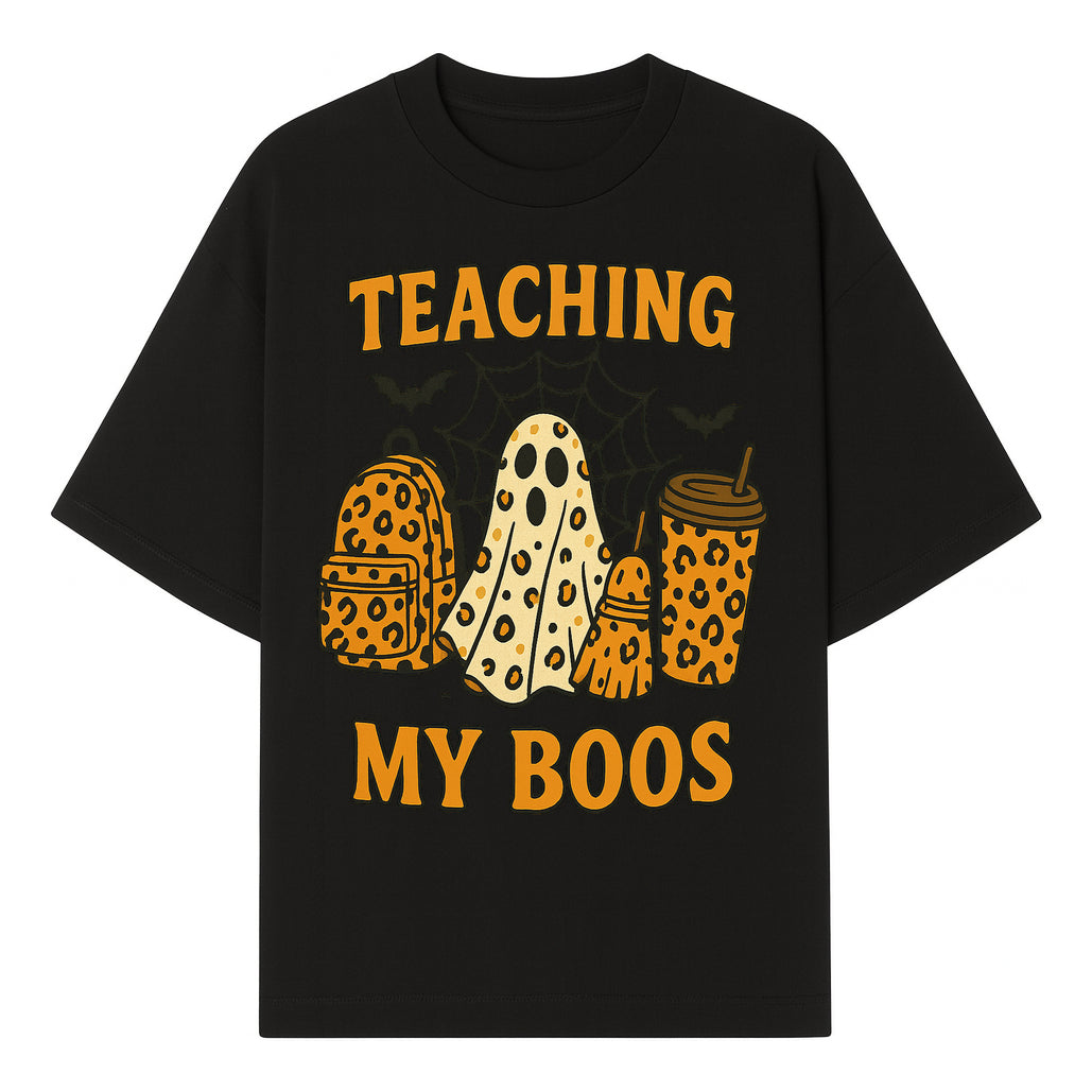 Teaching My Boos Halloween Ghosts & Leopard Print Backpack T-Shirt, Cute Teacher Gift for Kids, Spooky Season Apparel - T-shirt 1758093386988.jpg
