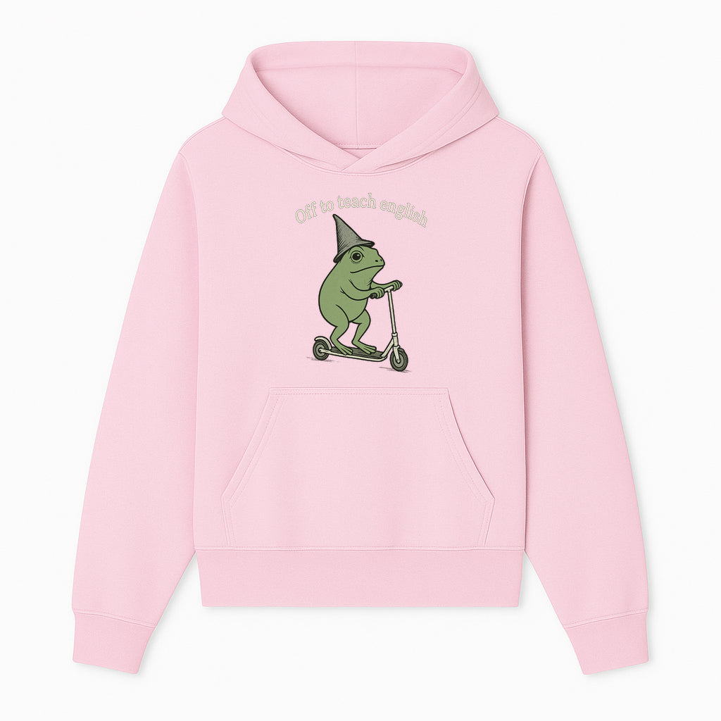 Funny Frog Scooting Off to Teach English T-Shirt, Cute Teacher Gift, Humorous Classroom Apparel, Whimsical Design for ESL Educators - Hoodie 1758093387050.jpg