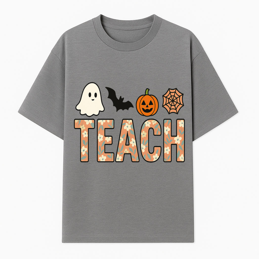 Halloween Teacher Decor | Cute Ghost, Bat, Pumpkin, Spiderweb | Floral 'Teach' Sign | Classroom Wall Art | Fall Aesthetic - T-shirt 1758093387057.jpg