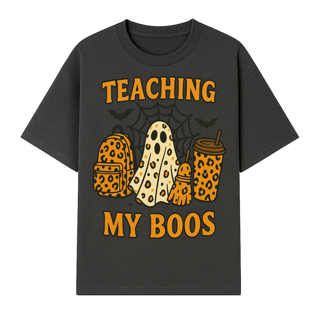 Teaching My Boos Halloween Ghosts & Leopard Print Backpack T-Shirt, Cute Teacher Gift for Kids, Spooky Season Apparel - T-shirt 1758093387157.jpg