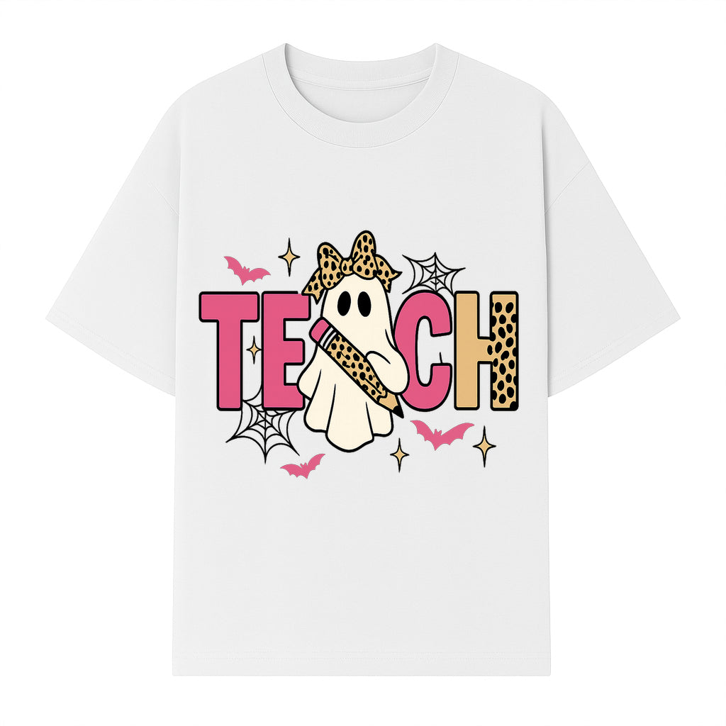 Halloween Ghost Teacher T-Shirt | Cute Ghost with Pencil | Fun Teaching Apparel | Spooky Season Gift for Educators - T-shirt 1758093387193.jpg