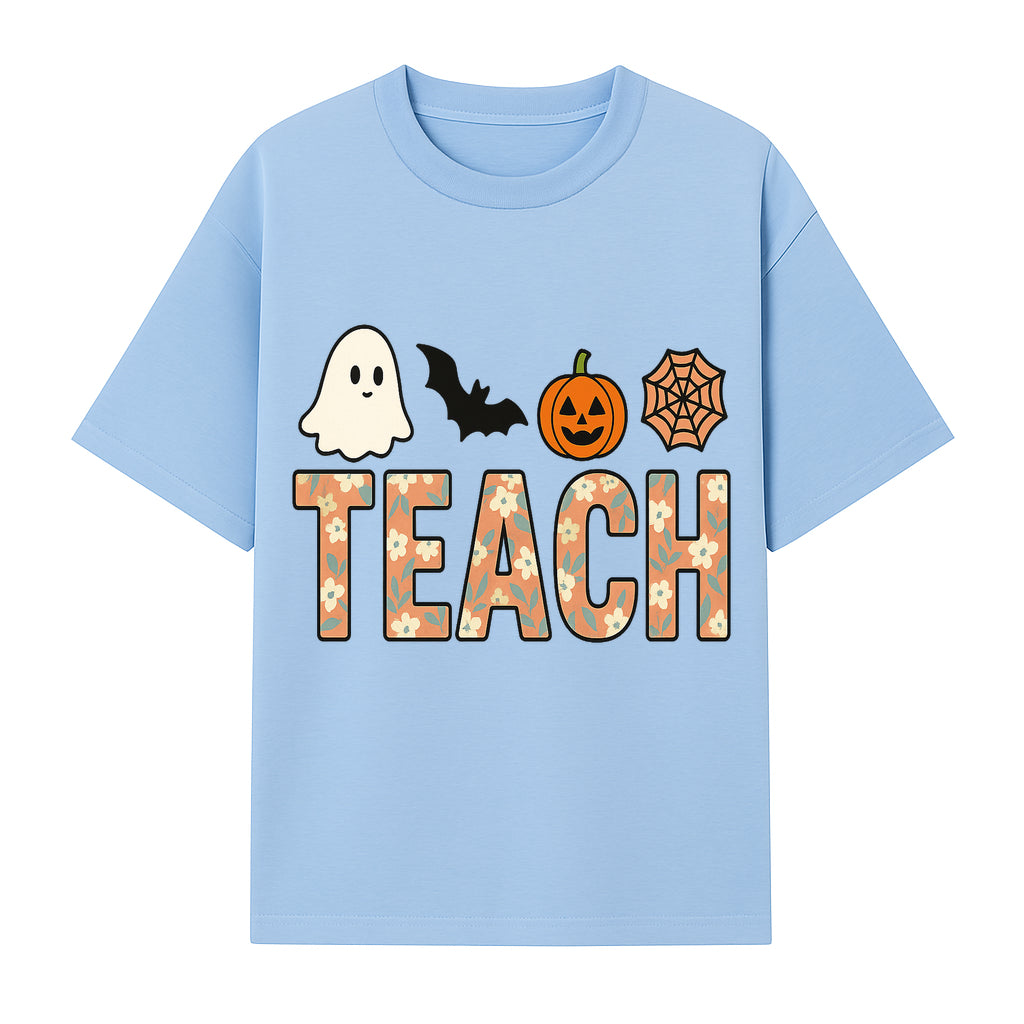 Halloween Teacher Decor | Cute Ghost, Bat, Pumpkin, Spiderweb | Floral 'Teach' Sign | Classroom Wall Art | Fall Aesthetic - T-shirt 1758093387241.jpg