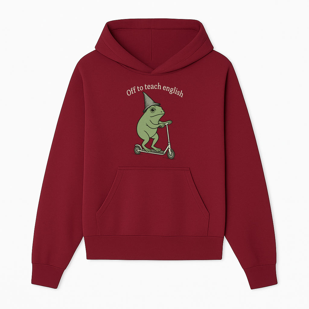 Funny Frog Scooting Off to Teach English T-Shirt, Cute Teacher Gift, Humorous Classroom Apparel, Whimsical Design for ESL Educators - Hoodie 1758093387245.jpg