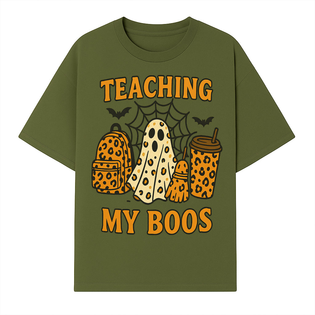 Teaching My Boos Halloween Ghosts & Leopard Print Backpack T-Shirt, Cute Teacher Gift for Kids, Spooky Season Apparel - T-shirt 1758093387308.jpg