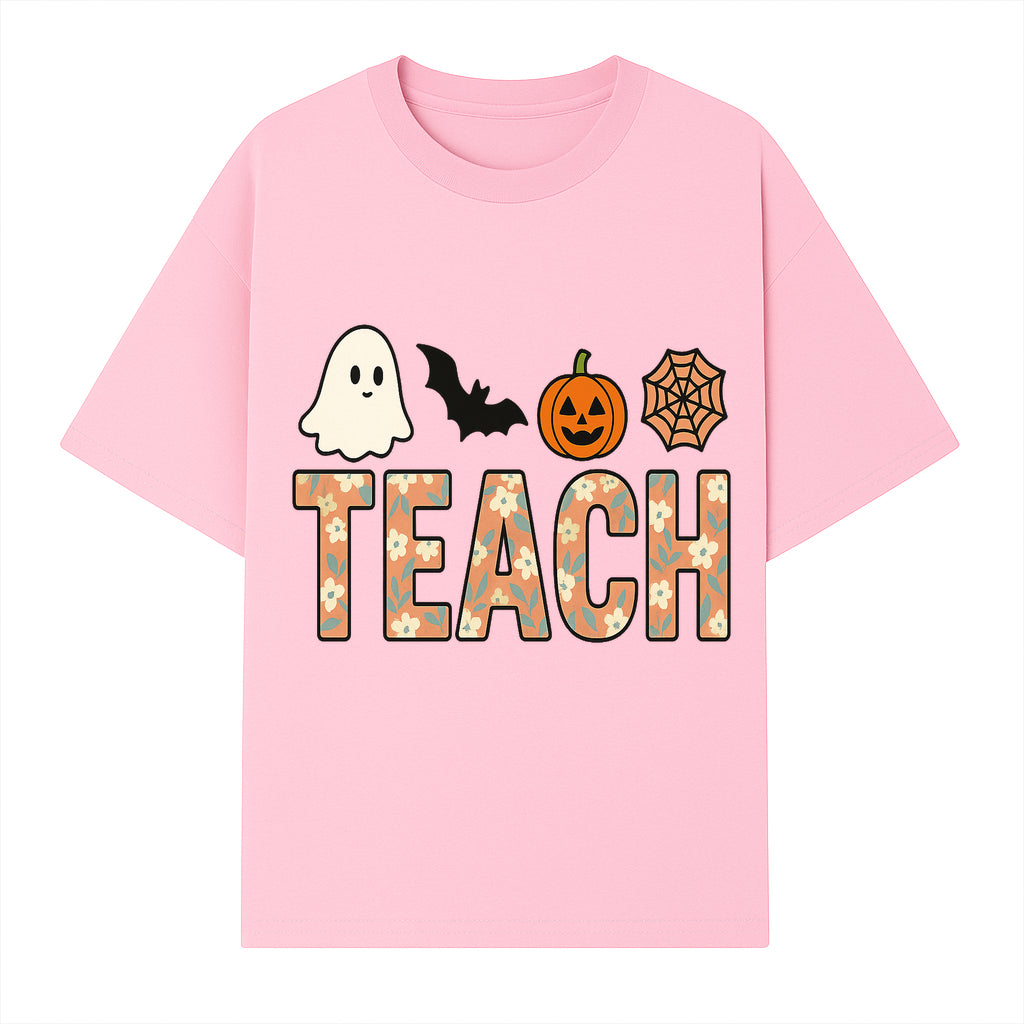 Halloween Teacher Decor | Cute Ghost, Bat, Pumpkin, Spiderweb | Floral 'Teach' Sign | Classroom Wall Art | Fall Aesthetic - T-shirt 1758093387384.jpg