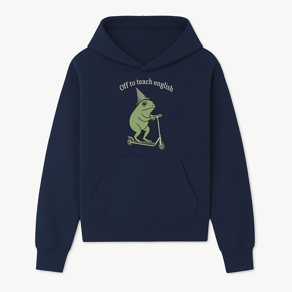 Funny Frog Scooting Off to Teach English T-Shirt, Cute Teacher Gift, Humorous Classroom Apparel, Whimsical Design for ESL Educators - Hoodie 1758093387424.jpg