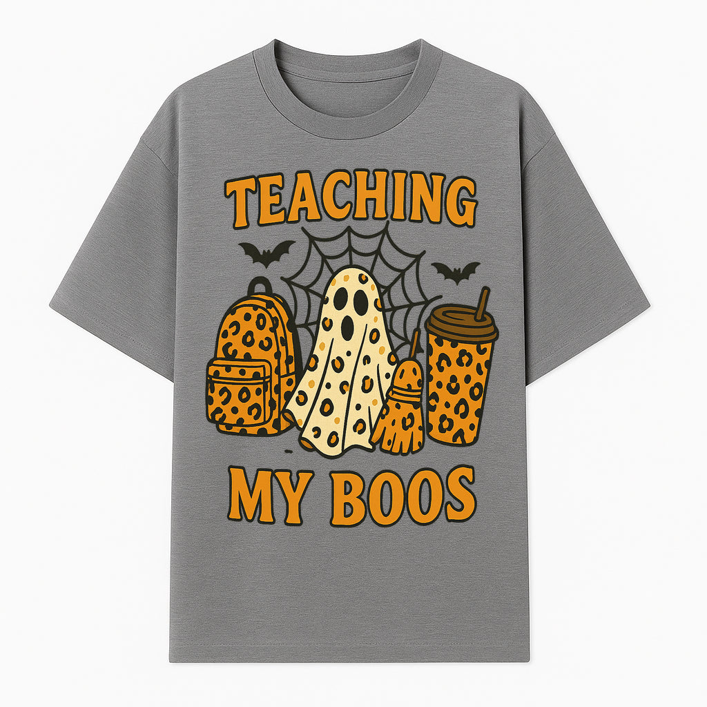 Teaching My Boos Halloween Ghosts & Leopard Print Backpack T-Shirt, Cute Teacher Gift for Kids, Spooky Season Apparel - T-shirt 1758093387540.jpg