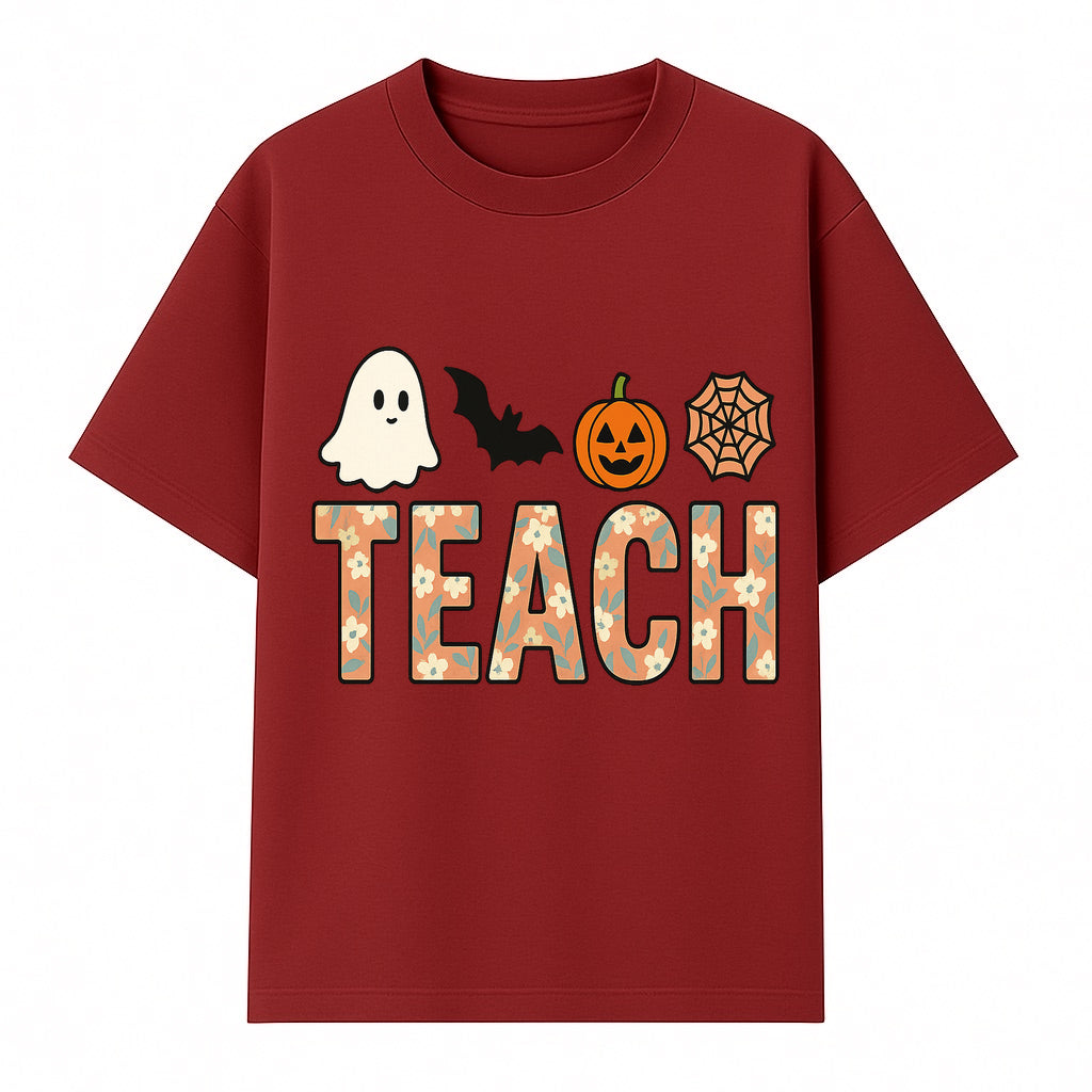 Halloween Teacher Decor | Cute Ghost, Bat, Pumpkin, Spiderweb | Floral 'Teach' Sign | Classroom Wall Art | Fall Aesthetic - T-shirt 1758093387586.jpg