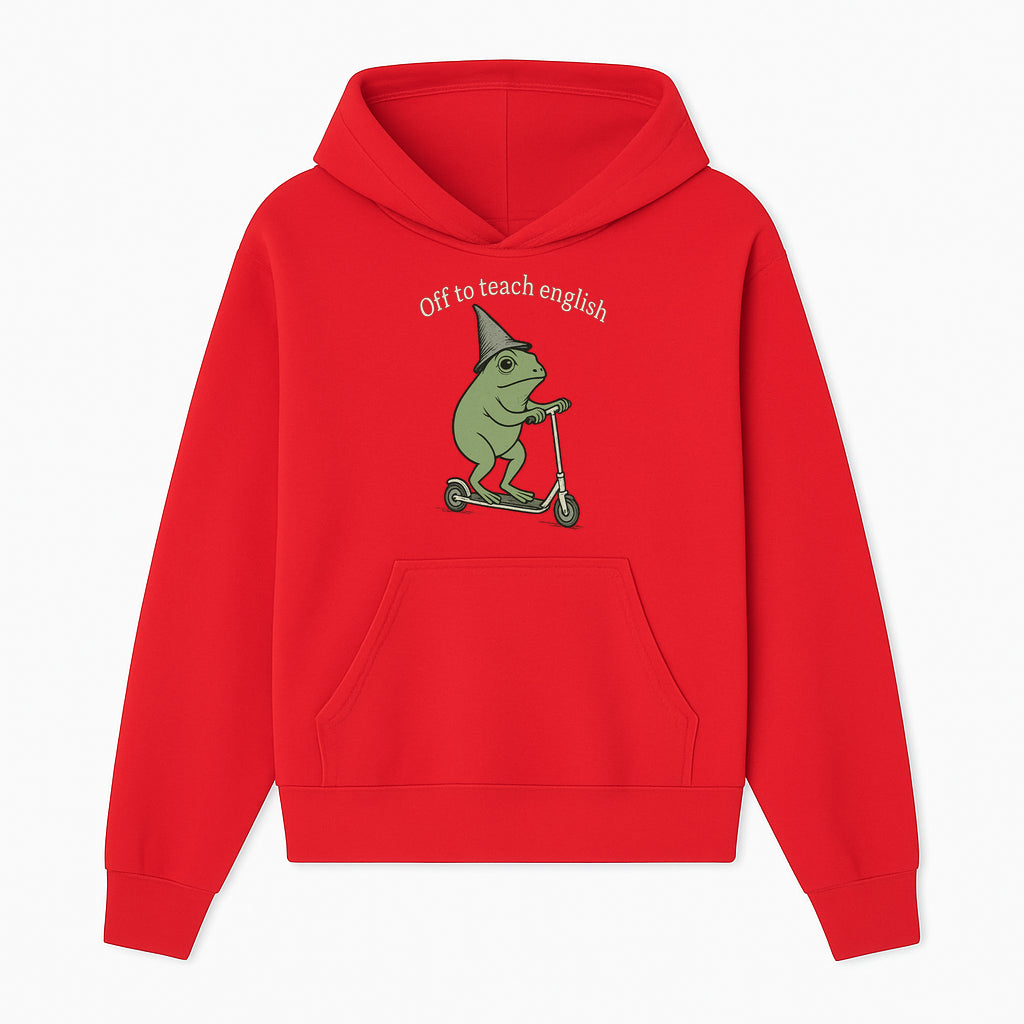 Funny Frog Scooting Off to Teach English T-Shirt, Cute Teacher Gift, Humorous Classroom Apparel, Whimsical Design for ESL Educators - Hoodie 1758093387623.jpg