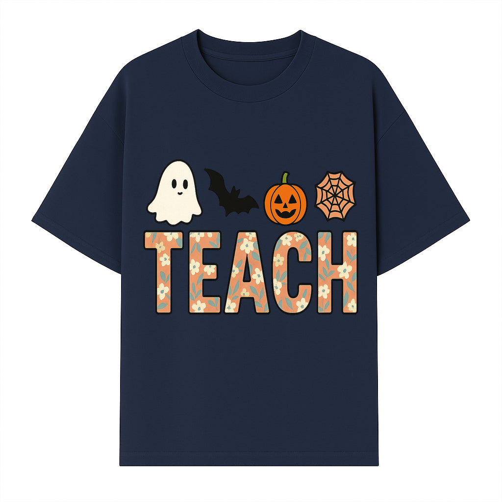 Halloween Teacher Decor | Cute Ghost, Bat, Pumpkin, Spiderweb | Floral 'Teach' Sign | Classroom Wall Art | Fall Aesthetic - T-shirt 1758093387733.jpg