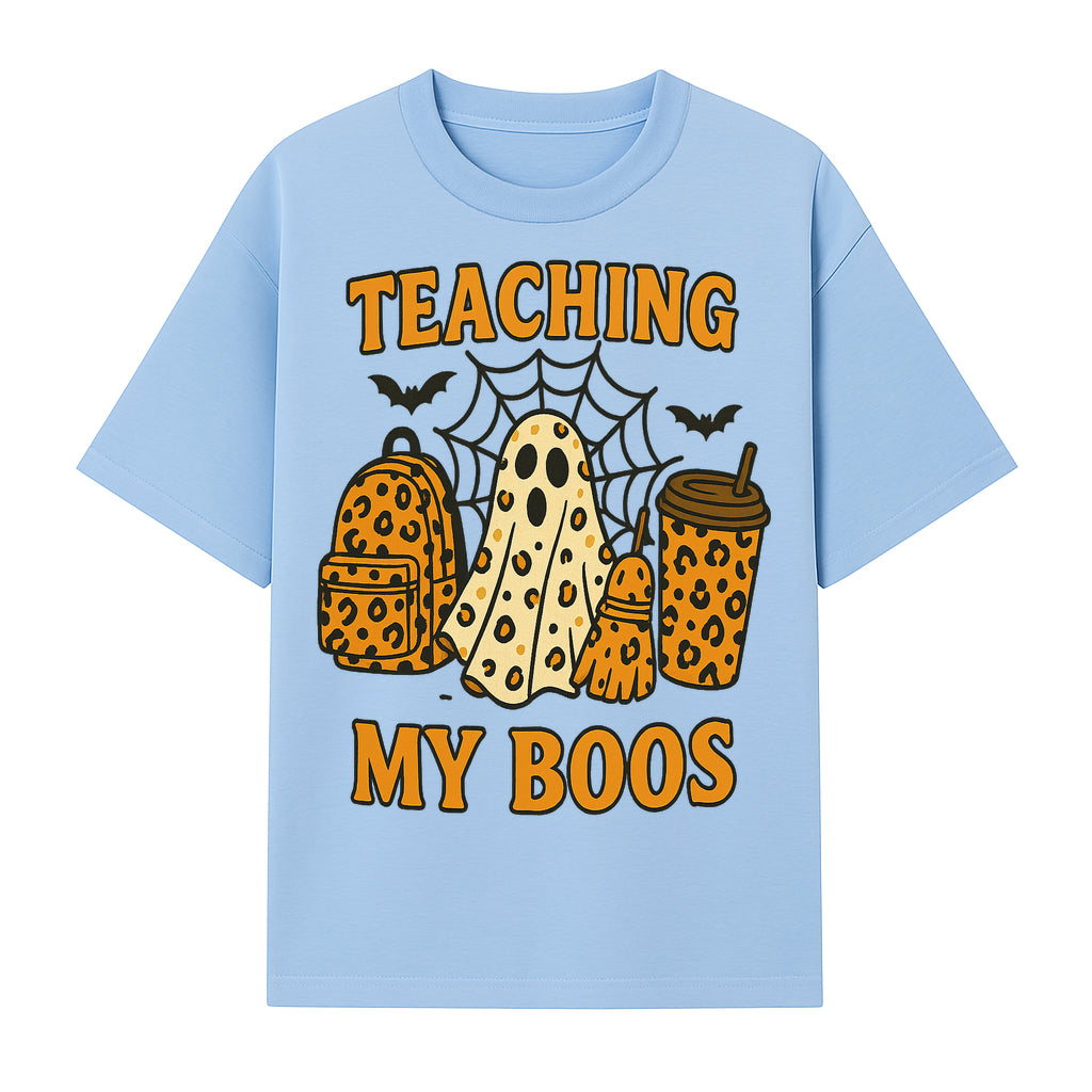 Teaching My Boos Halloween Ghosts & Leopard Print Backpack T-Shirt, Cute Teacher Gift for Kids, Spooky Season Apparel - T-shirt 1758093387735.jpg