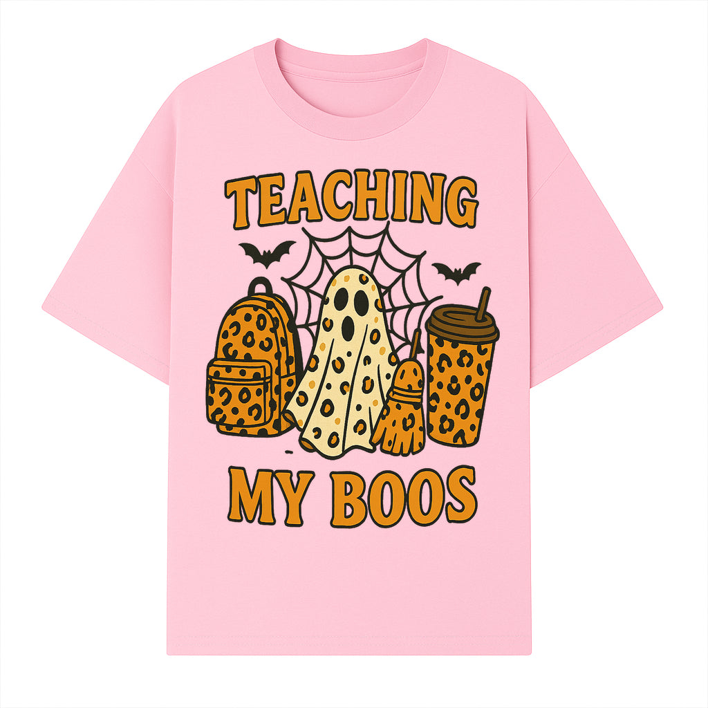 Teaching My Boos Halloween Ghosts & Leopard Print Backpack T-Shirt, Cute Teacher Gift for Kids, Spooky Season Apparel - T-shirt 1758093387877.jpg