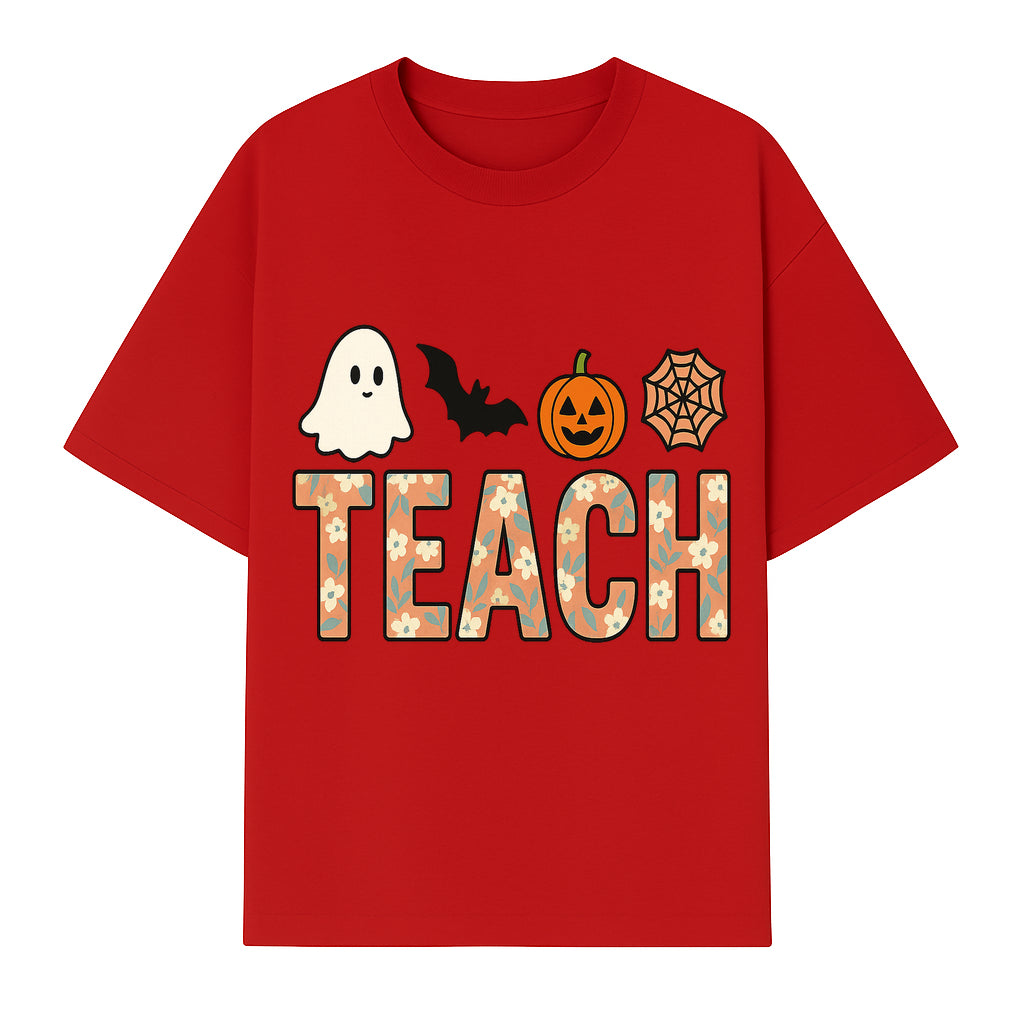 Halloween Teacher Decor | Cute Ghost, Bat, Pumpkin, Spiderweb | Floral 'Teach' Sign | Classroom Wall Art | Fall Aesthetic - T-shirt 1758093387913.jpg