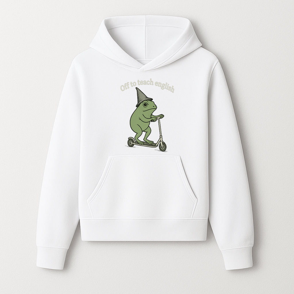 Funny Frog Scooting Off to Teach English T-Shirt, Cute Teacher Gift, Humorous Classroom Apparel, Whimsical Design for ESL Educators - Hoodie 1758093387990.jpg