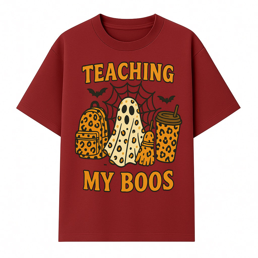 Teaching My Boos Halloween Ghosts & Leopard Print Backpack T-Shirt, Cute Teacher Gift for Kids, Spooky Season Apparel - T-shirt 1758093388024.jpg