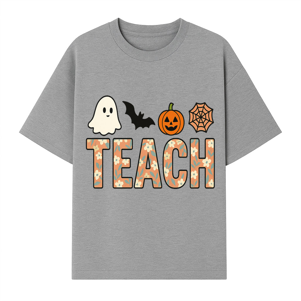 Halloween Teacher Decor | Cute Ghost, Bat, Pumpkin, Spiderweb | Floral 'Teach' Sign | Classroom Wall Art | Fall Aesthetic - T-shirt 1758093388078.jpg