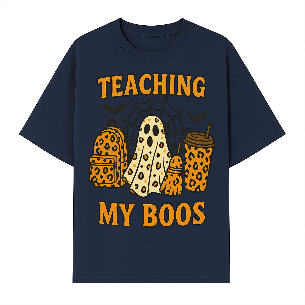 Teaching My Boos Halloween Ghosts & Leopard Print Backpack T-Shirt, Cute Teacher Gift for Kids, Spooky Season Apparel - T-shirt 1758093388160.jpg