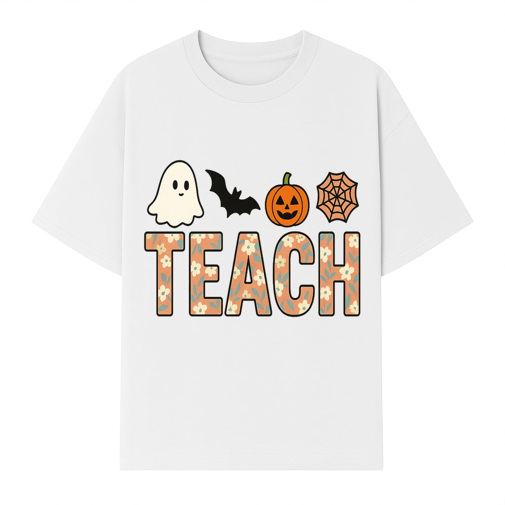 Halloween Teacher Decor | Cute Ghost, Bat, Pumpkin, Spiderweb | Floral 'Teach' Sign | Classroom Wall Art | Fall Aesthetic - T-shirt 1758093388276.jpg
