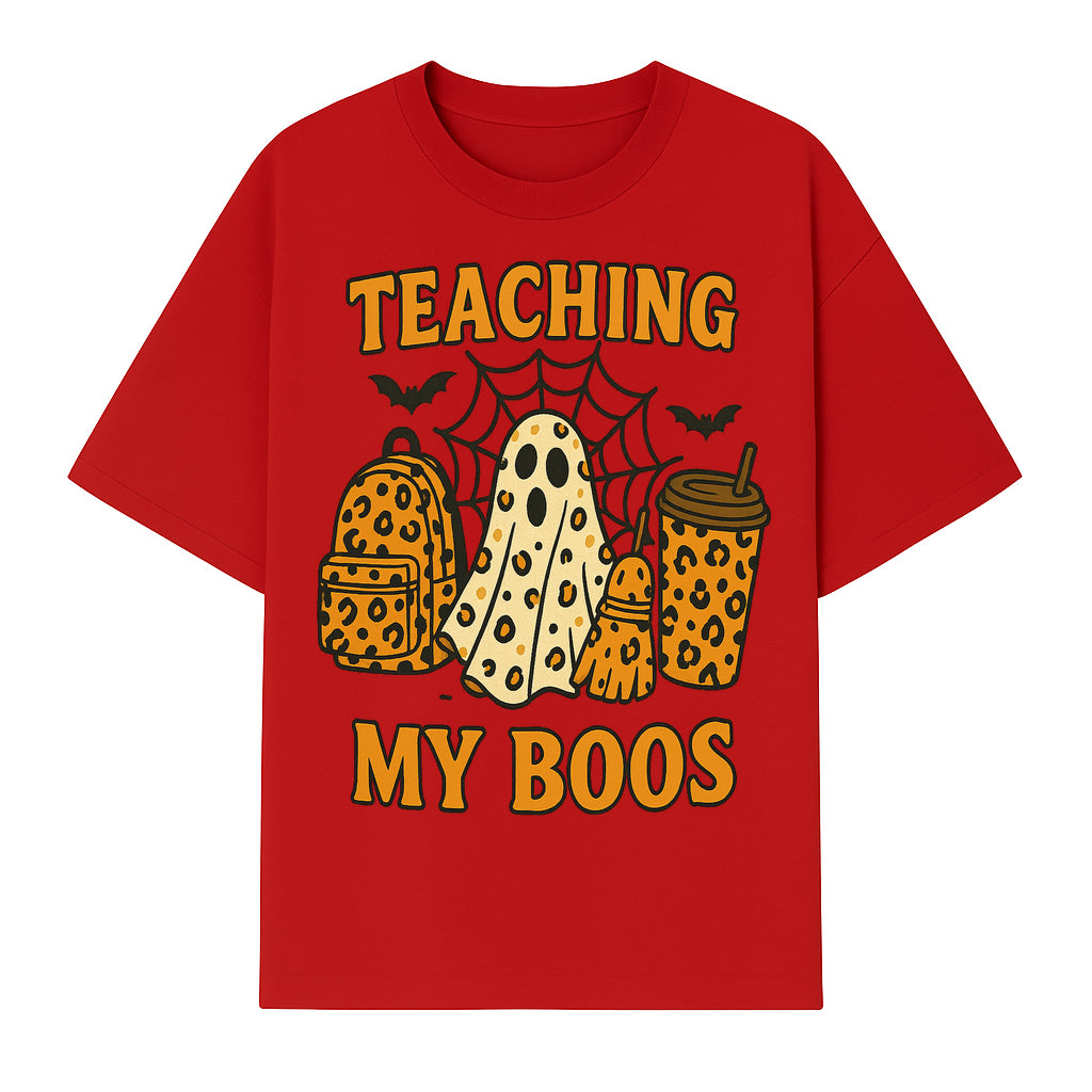 Teaching My Boos Halloween Ghosts & Leopard Print Backpack T-Shirt, Cute Teacher Gift for Kids, Spooky Season Apparel - T-shirt 1758093388318.jpg