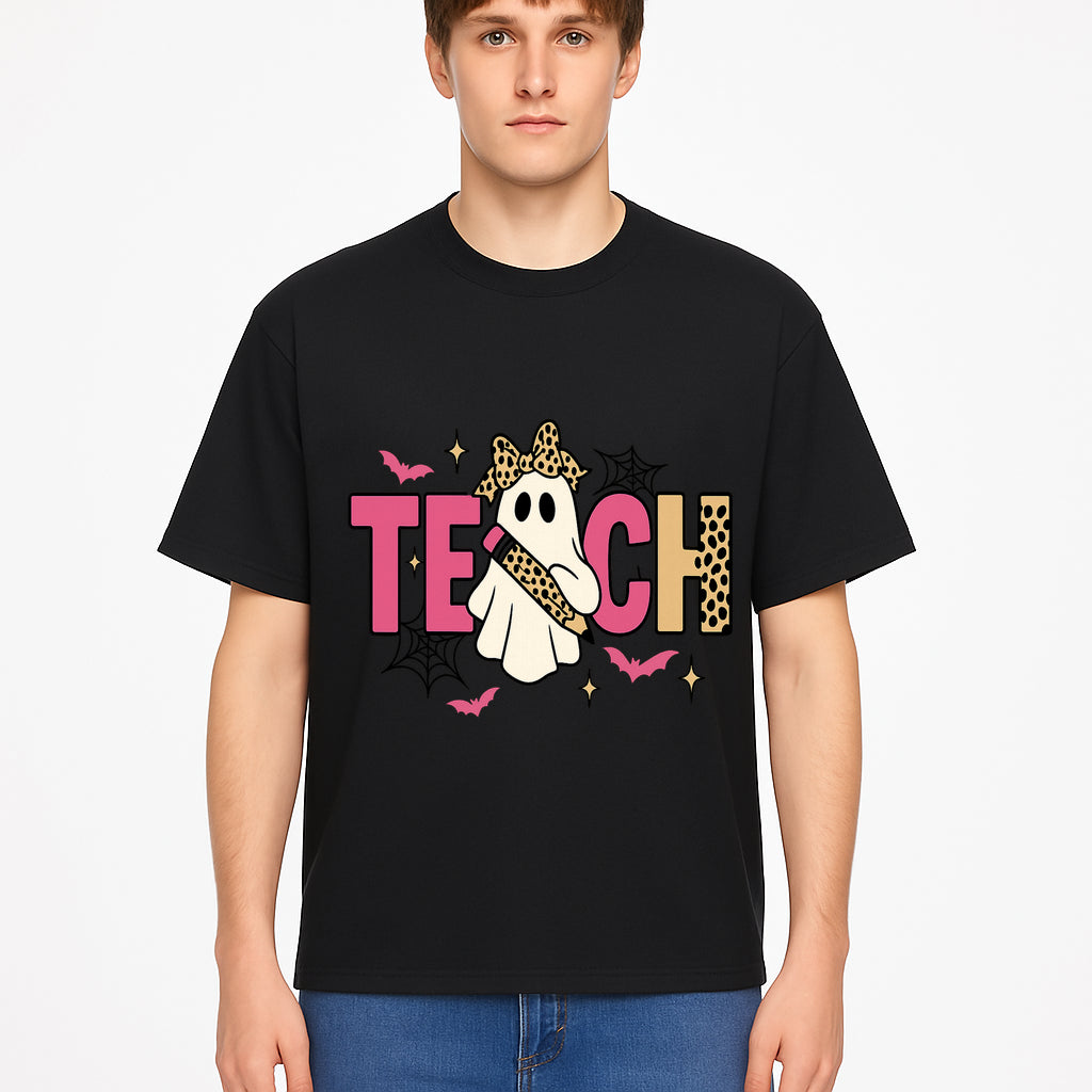 Halloween Ghost Teacher T-Shirt | Cute Ghost with Pencil | Fun Teaching Apparel | Spooky Season Gift for Educators - T-shirt 1758093388344.jpg