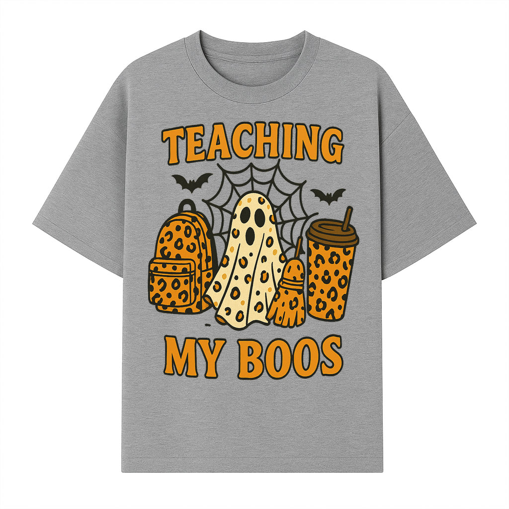 Teaching My Boos Halloween Ghosts & Leopard Print Backpack T-Shirt, Cute Teacher Gift for Kids, Spooky Season Apparel - T-shirt 1758093388472.jpg