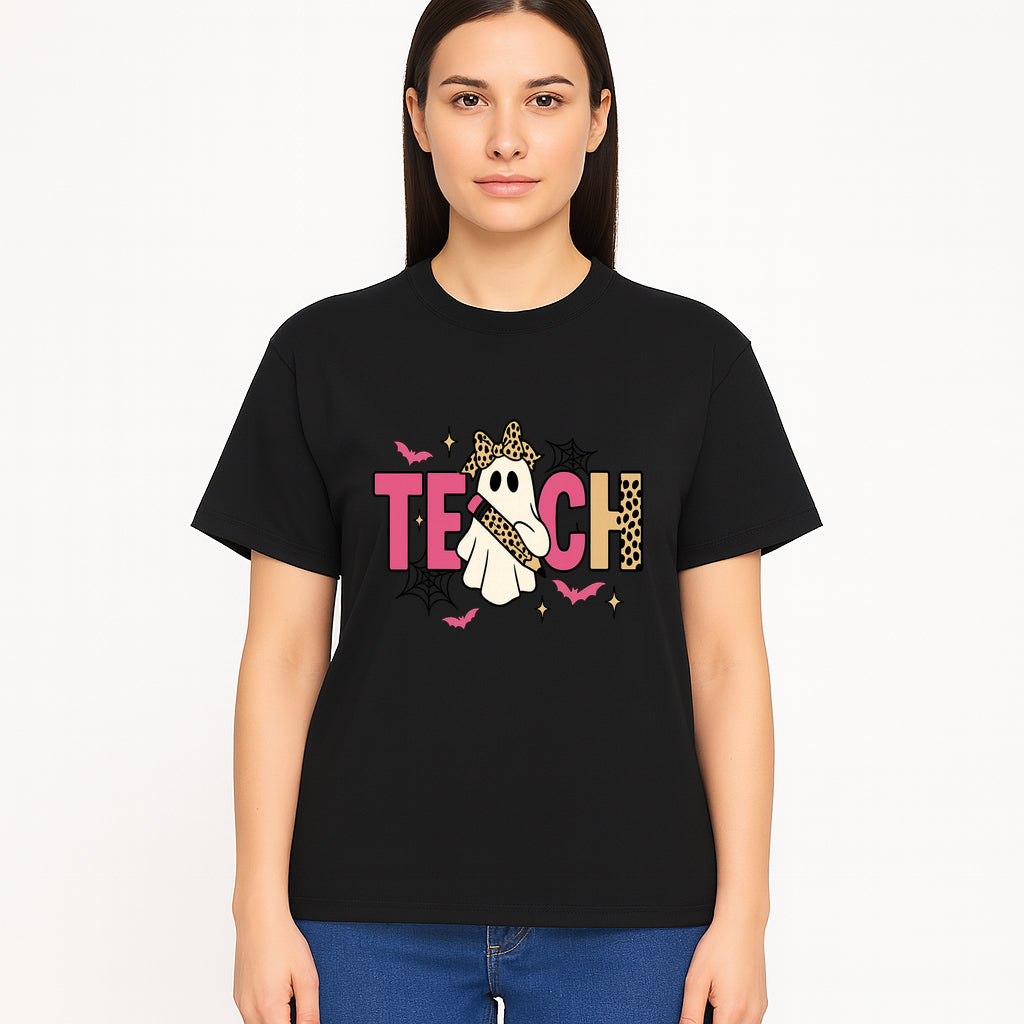 Halloween Ghost Teacher T-Shirt | Cute Ghost with Pencil | Fun Teaching Apparel | Spooky Season Gift for Educators - T-shirt 1758093388561.jpg