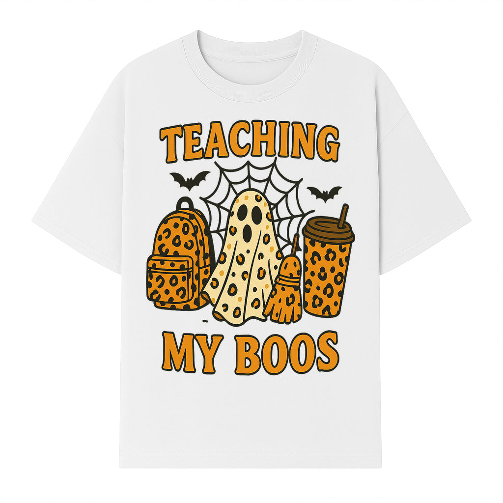 Teaching My Boos Halloween Ghosts & Leopard Print Backpack T-Shirt, Cute Teacher Gift for Kids, Spooky Season Apparel - T-shirt 1758093388607.jpg