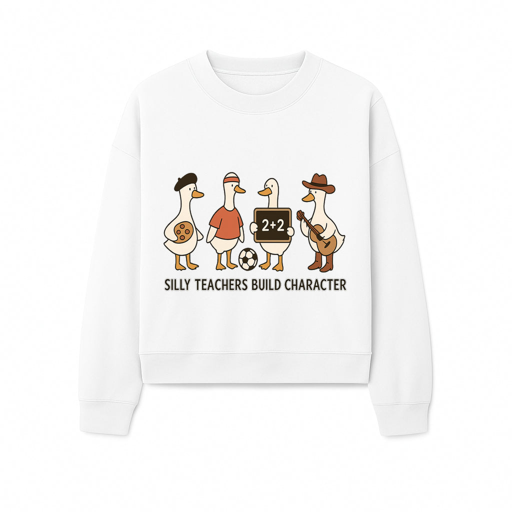 Silly Teachers Build Character Ducks Graphic Tee for Kids Fun Classroom Humor Shirt with Soccer, Music, and Learning Themes - Sweatshirt 1758093388655.jpg