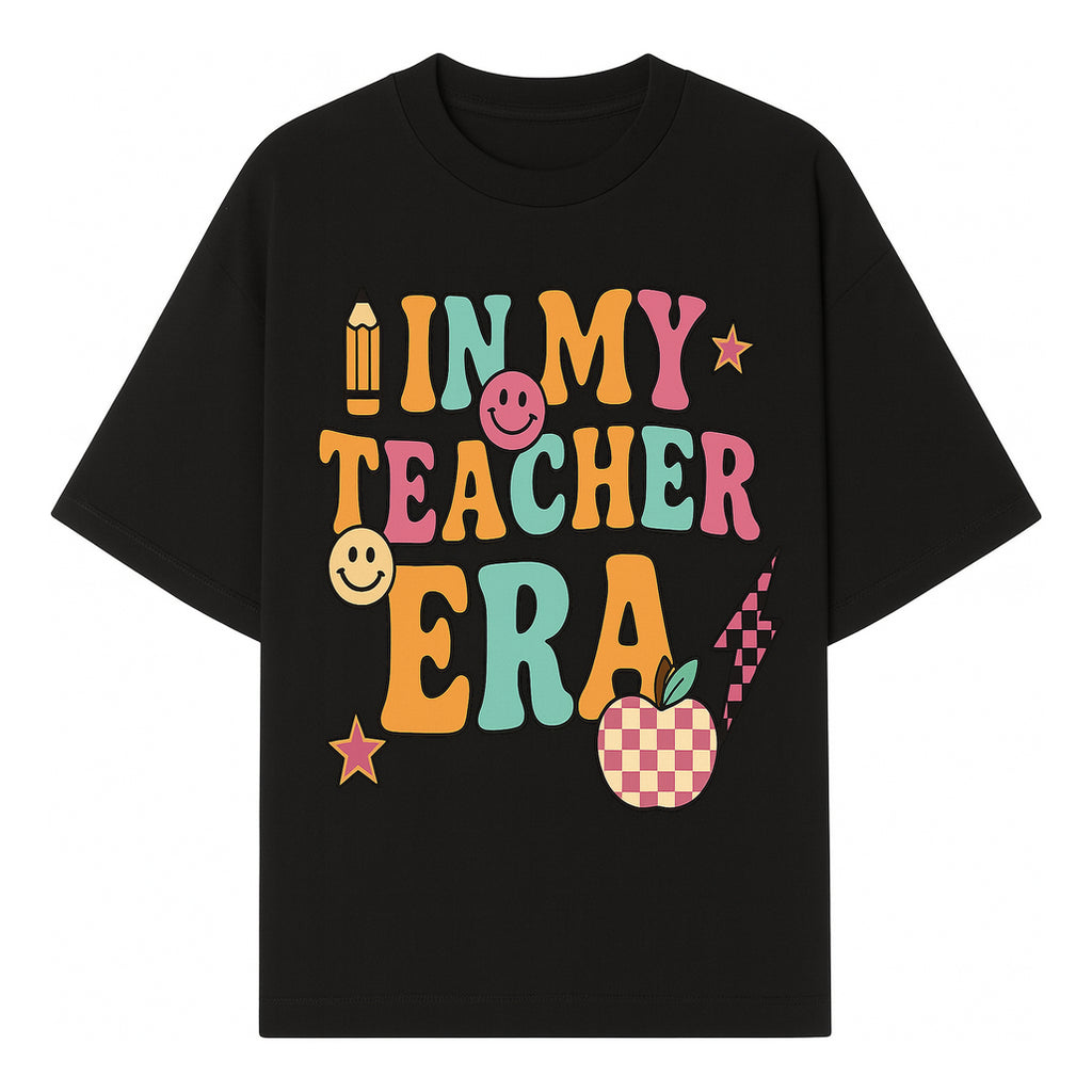In My Teacher Era Graphic Tee - Retro Style with Happy Faces and School Elements, Perfect for Educators - T-shirt 1758093388870.jpg