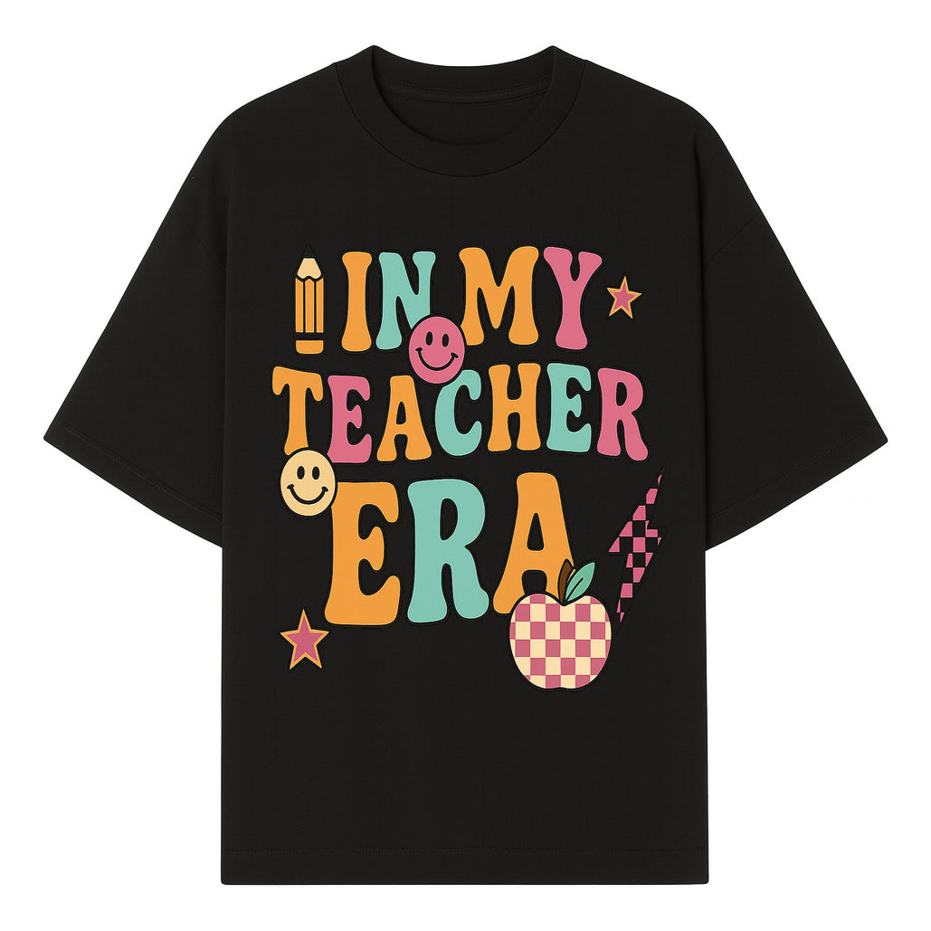 In My Teacher Era Graphic Tee - Retro Style with Happy Faces and School Elements, Perfect for Educators - T-shirt 1758093388870.jpg