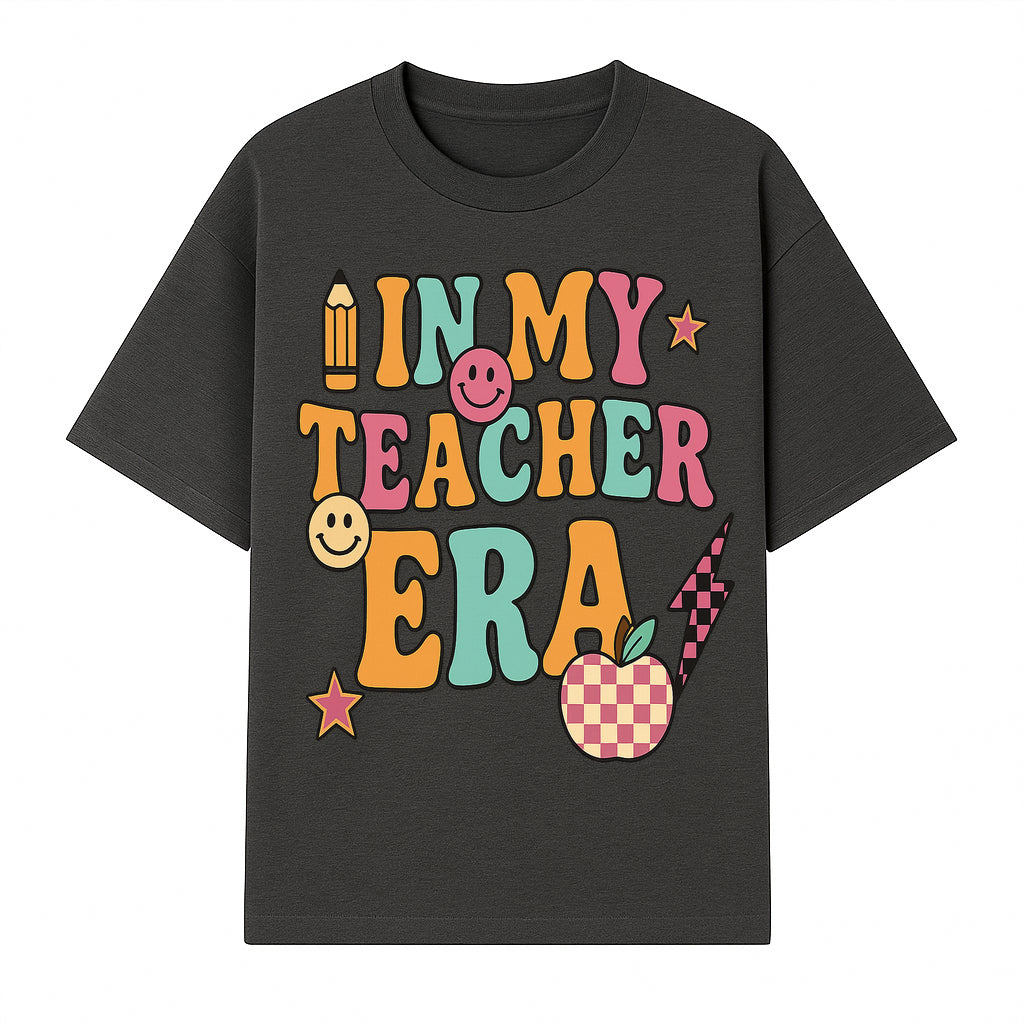 In My Teacher Era Graphic Tee - Retro Style with Happy Faces and School Elements, Perfect for Educators - T-shirt 1758093389018.jpg