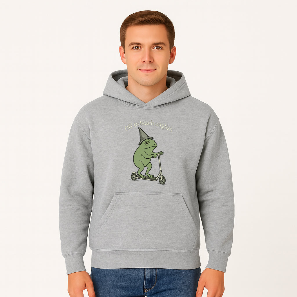 Funny Frog Scooting Off to Teach English T-Shirt, Cute Teacher Gift, Humorous Classroom Apparel, Whimsical Design for ESL Educators - Hoodie 1758093389135.jpg