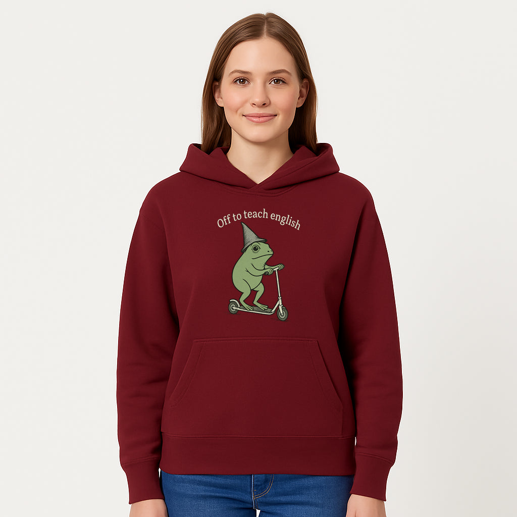 Funny Frog Scooting Off to Teach English T-Shirt, Cute Teacher Gift, Humorous Classroom Apparel, Whimsical Design for ESL Educators - Hoodie 1758093389325.jpg
