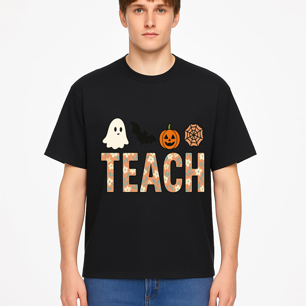 Halloween Teacher Decor | Cute Ghost, Bat, Pumpkin, Spiderweb | Floral 'Teach' Sign | Classroom Wall Art | Fall Aesthetic - T-shirt 1758093389453.jpg