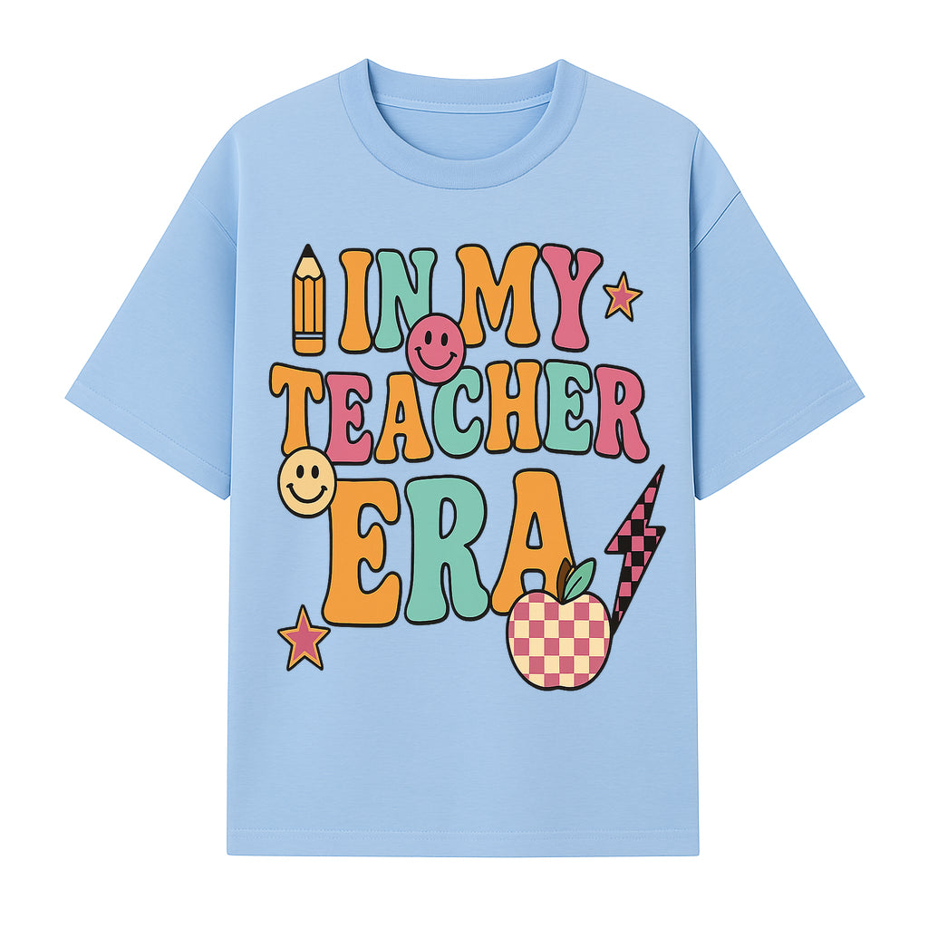 In My Teacher Era Graphic Tee - Retro Style with Happy Faces and School Elements, Perfect for Educators - T-shirt 1758093389580.jpg