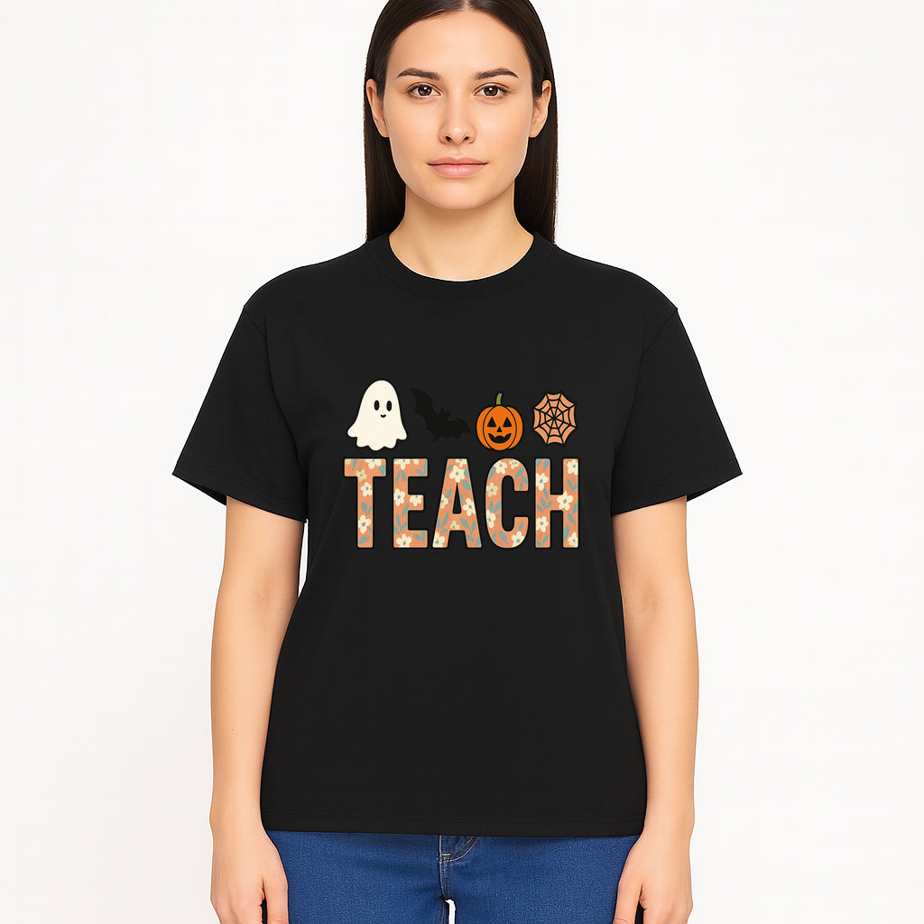 Halloween Teacher Decor | Cute Ghost, Bat, Pumpkin, Spiderweb | Floral 'Teach' Sign | Classroom Wall Art | Fall Aesthetic - T-shirt 1758093389625.jpg