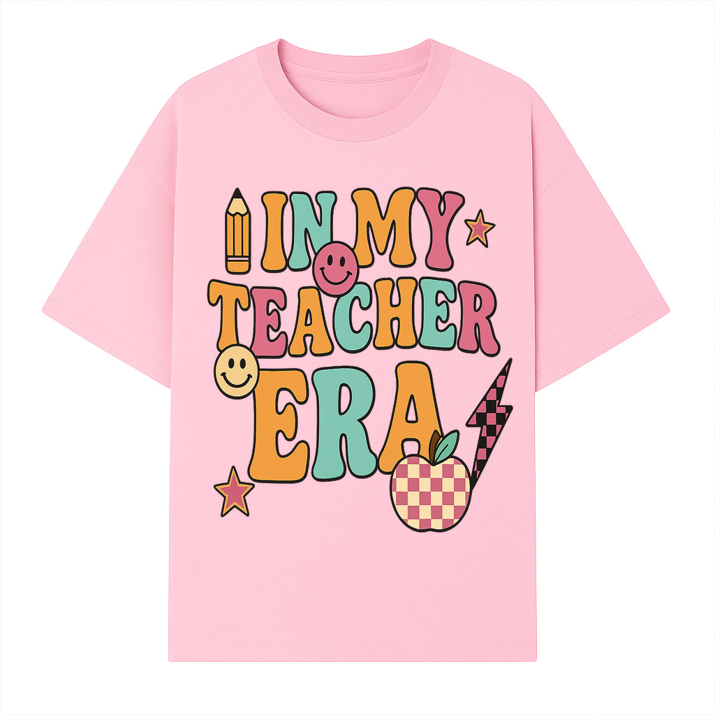 In My Teacher Era Graphic Tee - Retro Style with Happy Faces and School Elements, Perfect for Educators - T-shirt 1758093389722.jpg