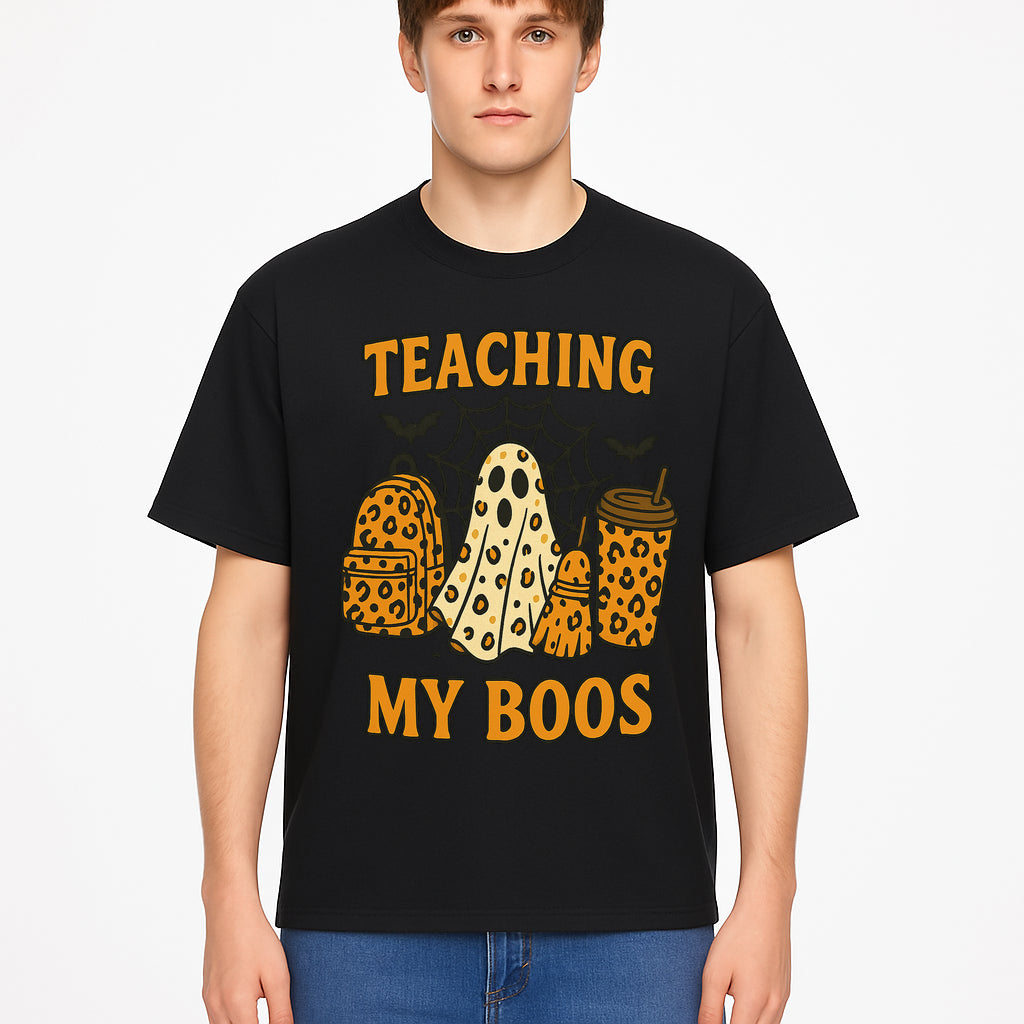 Teaching My Boos Halloween Ghosts & Leopard Print Backpack T-Shirt, Cute Teacher Gift for Kids, Spooky Season Apparel - T-shirt 1758093389794.jpg