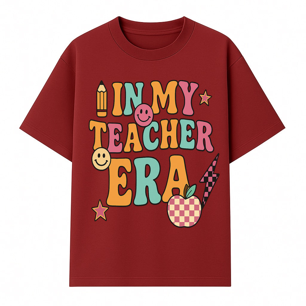 In My Teacher Era Graphic Tee - Retro Style with Happy Faces and School Elements, Perfect for Educators - T-shirt 1758093389895.jpg