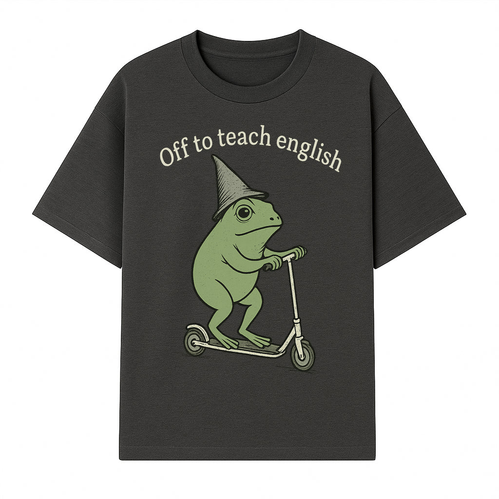 Funny Frog Scooting Off to Teach English T-Shirt, Cute Teacher Gift, Humorous Classroom Apparel, Whimsical Design for ESL Educators - T-shirt 1758093389899.jpg