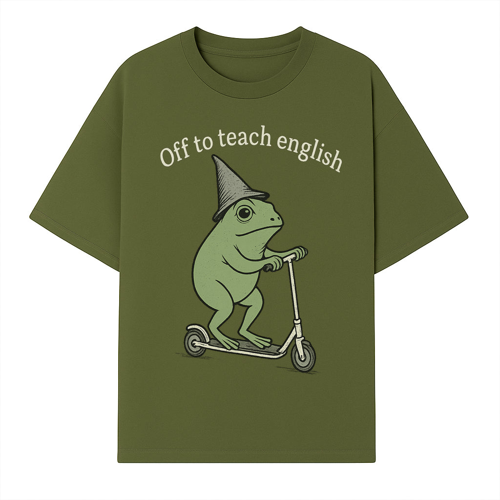 Funny Frog Scooting Off to Teach English T-Shirt, Cute Teacher Gift, Humorous Classroom Apparel, Whimsical Design for ESL Educators - T-shirt 1758093390063.jpg