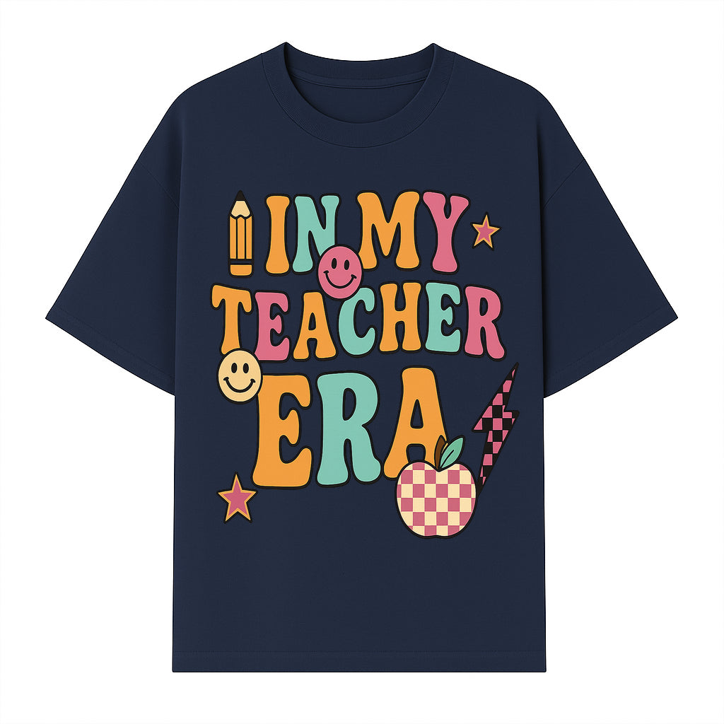 In My Teacher Era Graphic Tee - Retro Style with Happy Faces and School Elements, Perfect for Educators - T-shirt 1758093390087.jpg