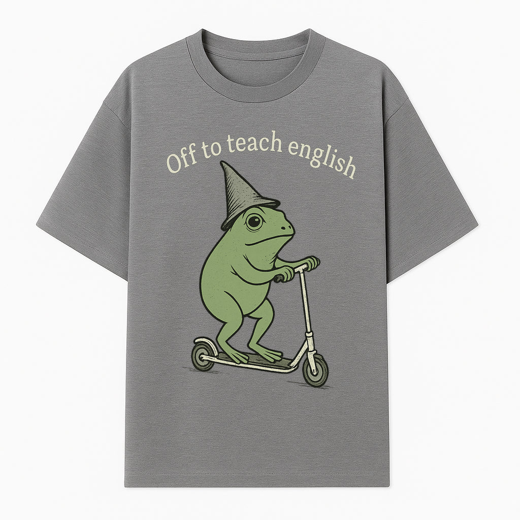 Funny Frog Scooting Off to Teach English T-Shirt, Cute Teacher Gift, Humorous Classroom Apparel, Whimsical Design for ESL Educators - T-shirt 1758093390223.jpg