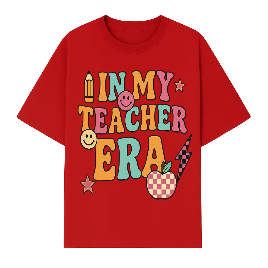 In My Teacher Era Graphic Tee - Retro Style with Happy Faces and School Elements, Perfect for Educators - T-shirt 1758093390269.jpg