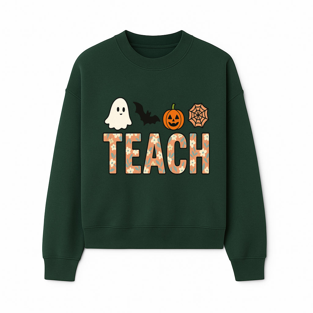 Halloween Teacher Decor | Cute Ghost, Bat, Pumpkin, Spiderweb | Floral 'Teach' Sign | Classroom Wall Art | Fall Aesthetic - Sweatshirt 1758093390332.jpg