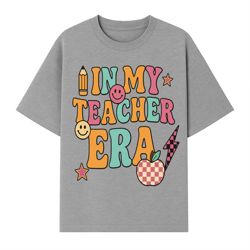 In My Teacher Era Graphic Tee - Retro Style with Happy Faces and School Elements, Perfect for Educators - T-shirt 1758093390455.jpg