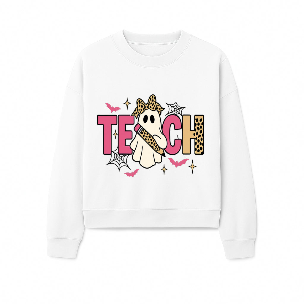 Halloween Ghost Teacher T-Shirt | Cute Ghost with Pencil | Fun Teaching Apparel | Spooky Season Gift for Educators - Sweatshirt 1758093390693.jpg
