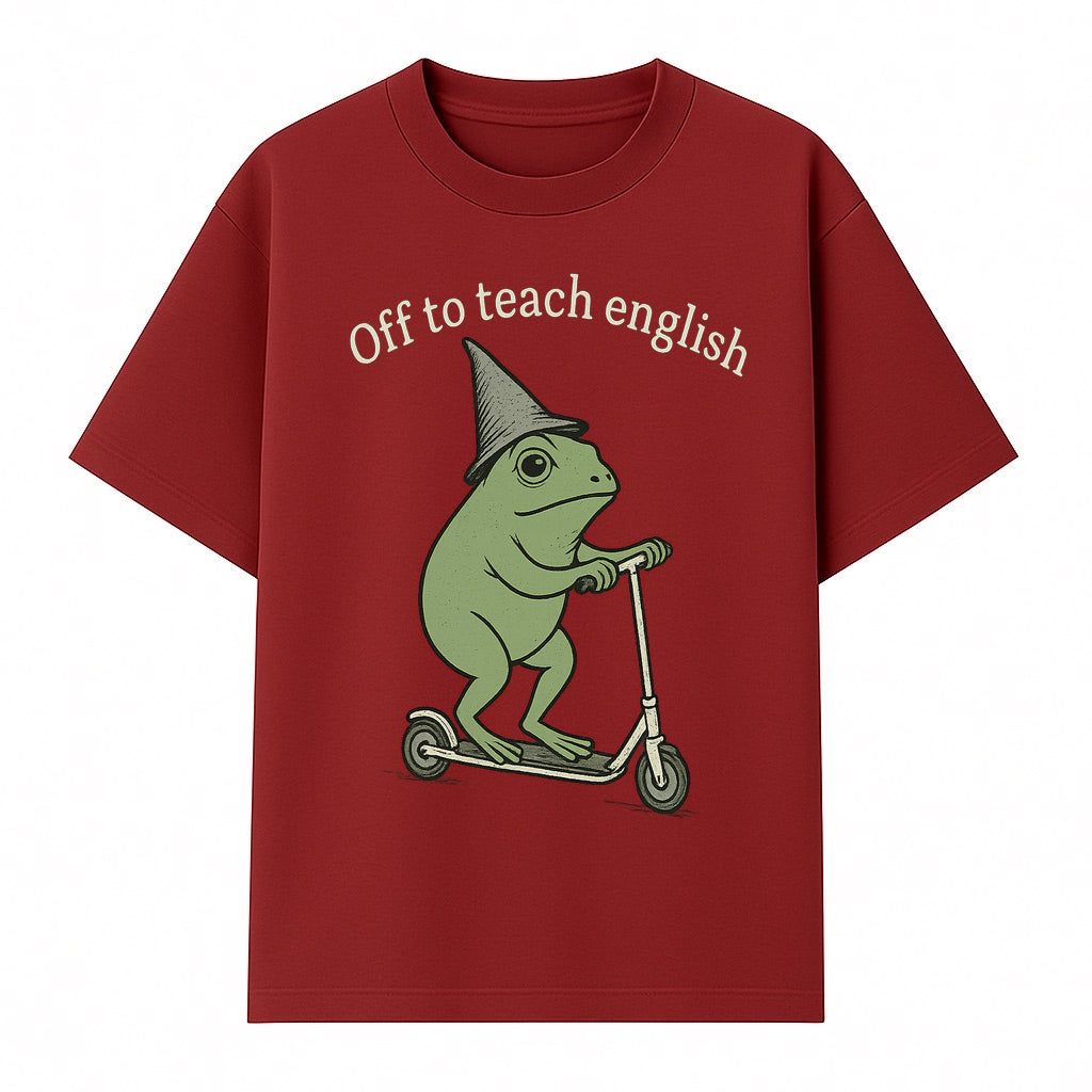 Funny Frog Scooting Off to Teach English T-Shirt, Cute Teacher Gift, Humorous Classroom Apparel, Whimsical Design for ESL Educators - T-shirt 1758093390820.jpg