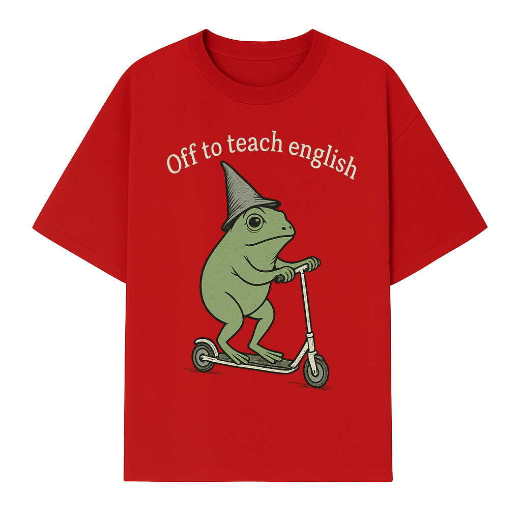 Funny Frog Scooting Off to Teach English T-Shirt, Cute Teacher Gift, Humorous Classroom Apparel, Whimsical Design for ESL Educators - T-shirt 1758093391166.jpg