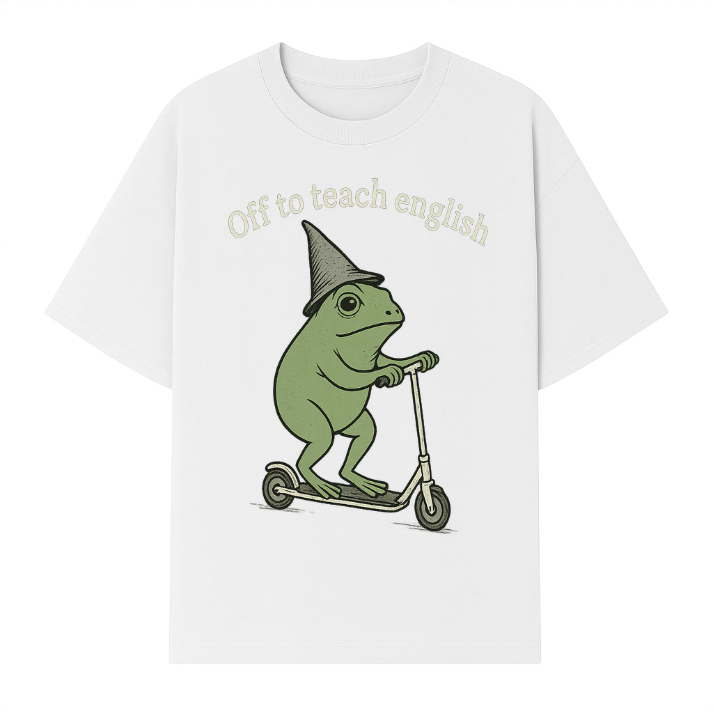Funny Frog Scooting Off to Teach English T-Shirt, Cute Teacher Gift, Humorous Classroom Apparel, Whimsical Design for ESL Educators - T-shirt 1758093391483.jpg